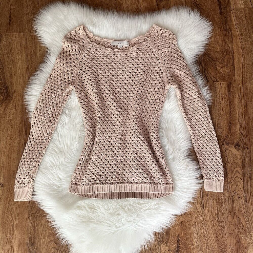 LOFT scallop neck crochet long sleeve Open Knit sweater Boho Earthy cotton M